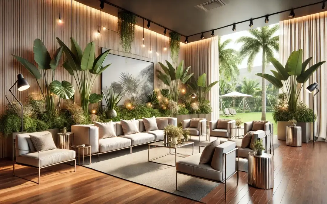 Photorealistic image of an open-concept photo lounge featuring a plush neutral-toned couch, elegant armchairs, and a minimalist coffee table. The space is surrounded by lush tropical plants like palms and monstera leaves, with natural sunlight streaming in from an outdoor garden. Decorative elements include subtle string lights, tasteful cushions, and polished wooden flooring for a professional yet welcoming atmosphere