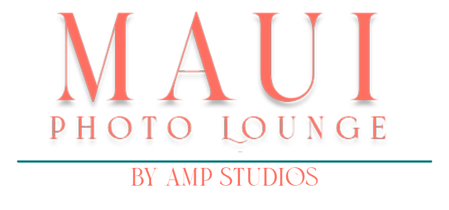 Logo for Maui Photo Lounge by AMP Studios, featuring elegant coral-colored typography with a tropical-inspired design, representing a creative and upscale photography service in Maui, Hawaii